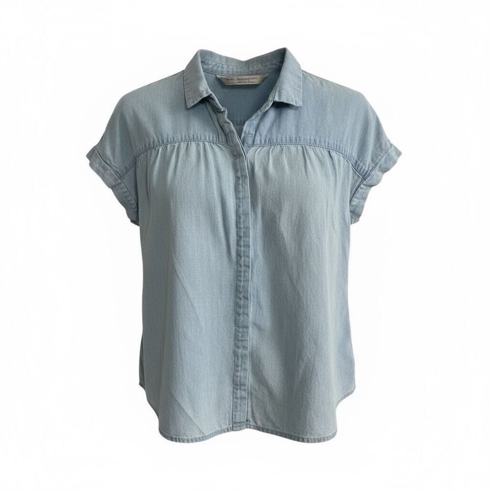 Zara Trafaluc Cap Sleeve Cotton Chambray Button Front Shirt Blouse Blue Small